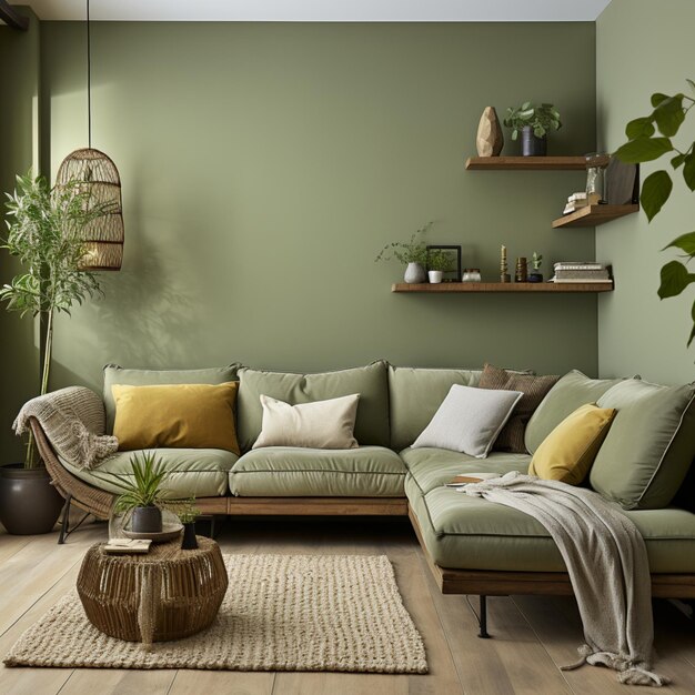 Corner sofa near green wall Farmhouse home interior design of modern living room