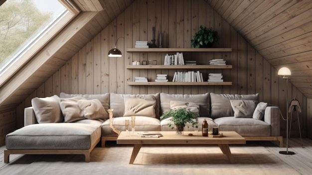 コーナーソファと木の裏地の壁に素朴なコーヒーテーブルのスカンジナビアデザインジェネレーティブAI
