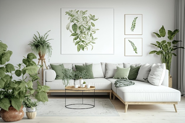 Corner sofa with pillows and wall painting in cozy living room