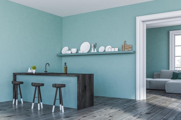 Corner of stylish kitchen with blue walls, wooden floor, blue and wooden bar with dark wooden stools, a shelf with plates and doorway to living room. 3d rendering