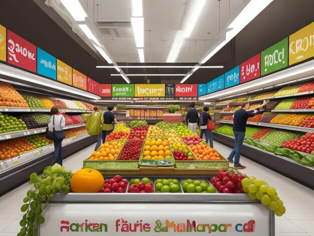 Corner of a supermarket fresh fruit area with refrigerated shelves