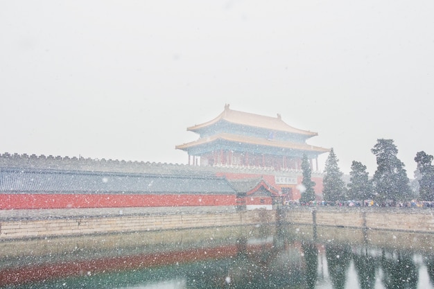 Corner tower of the Forbidden City in winter season.