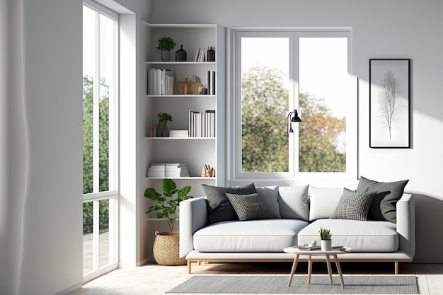 Corner view on bright living room interior with empty white wall sofa coffee table