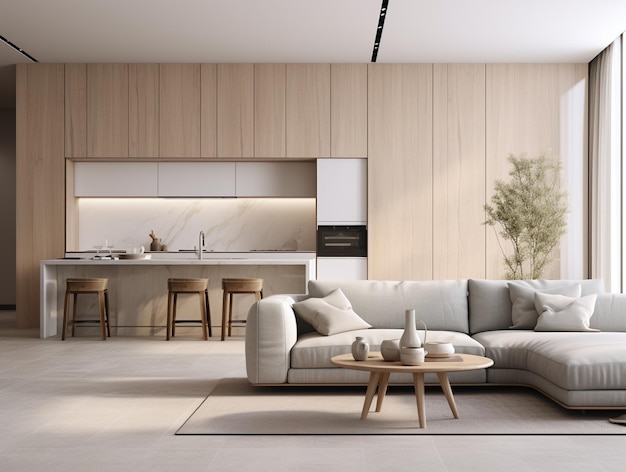 Corner view on bright studio room interior with dining table cupboard white wall oak wooden hardwood floor