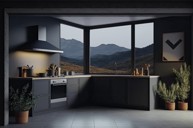 Corner view of dark kitchen with cupboard sink concrete floor and panoramic window with countryside