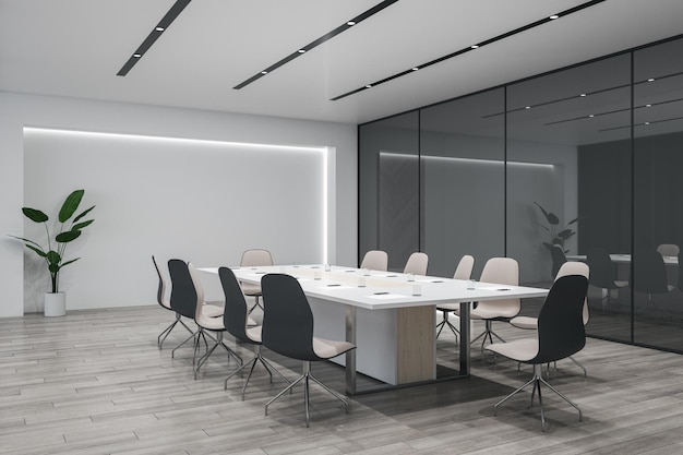 Corner view on dark office interior with panoramic windows