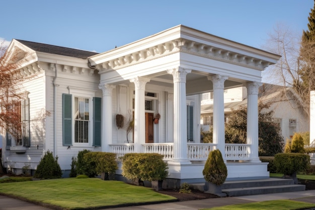 Photo corner view of a greek revival structure with pilasters