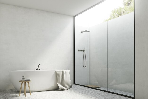 Corner of a white bathroom interior with white walls, a tub standing near it and a shower with a glass wall. 3d rendering, mock up