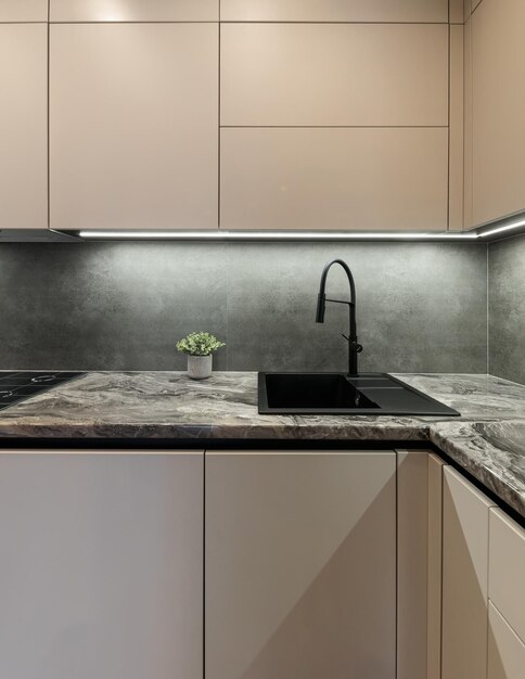 Corner with sink in the interior of the kitchen with designer white cabinets black faucet