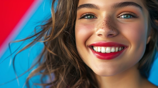 Foto un angolo di un sorriso allegro di una donna in mezzo a uno sfondo patriottico ai generativa