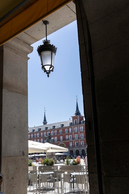 Corners of the Plaza Mayor of Madrid in Spain. Tourist place in the center of Madrid