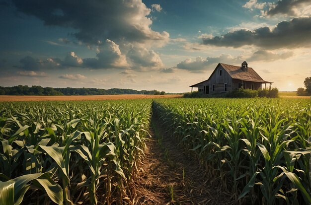 Foto campo di mais con una fattoria in lontananza
