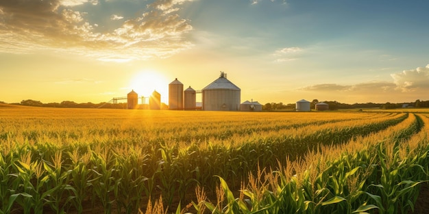 Cornfield with silos and farm in the distance