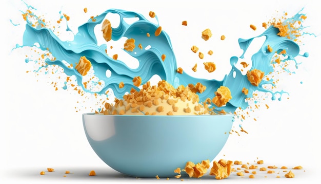 Cornflakes in blue bowl Breakfast cereal with splashing milk isolated on white background Generative ai