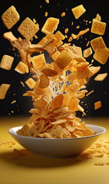 Photo of cornflakes and cream fall into a bowl