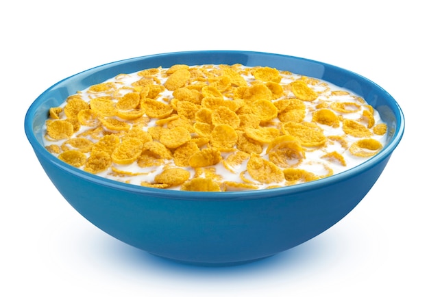 Cornflakes met melk in blauwe kom