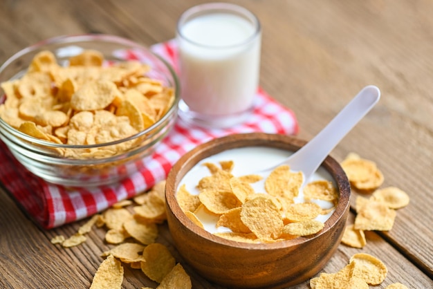 Cornflakes with milk on wooden table background cornflakes bowl\
breakfast food and snack for healthy food concept morning breakfast\
fresh whole grain cereal