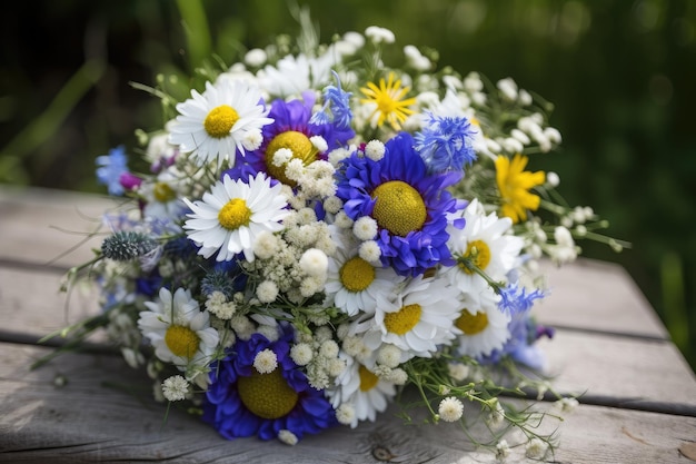 Cornflower bouquet with chamomile blooms and floral accents