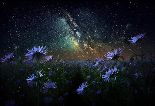 Foto campo di fiori di mais sotto il cielo stellato generato dall'ai