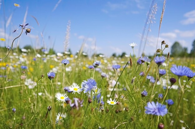 Cornflower meadow with chamomile blooms and a blue sky in the background