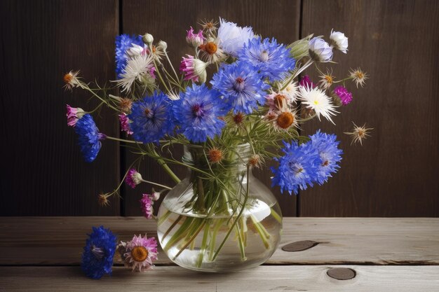 Cornflowers and chamomiles in a glass vase on a wooden table