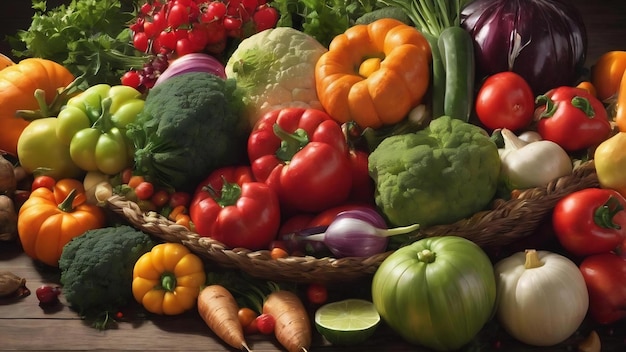 Cornucopia spring harvest of vegetables and fruits thanksgiving day still life