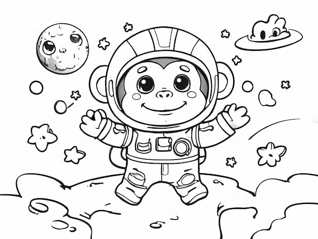 Foto libro di coral per bambini scimmia astronauta che galleggia sopra la luna