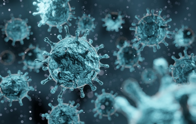 Corona-virus 2019-ncov griepuitbraak, microscopisch beeld van zwevende influenzaviruscellen, sars-pandemisch risicoconcept, 3d-rendering blauwe cellen achtergrond