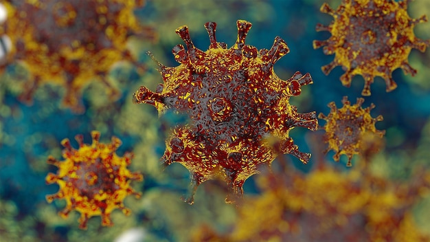 Foto focolaio di vaiolo delle cellule del virus corona o del vaiolo delle scimmie e concetto di influenza dei coronavirus