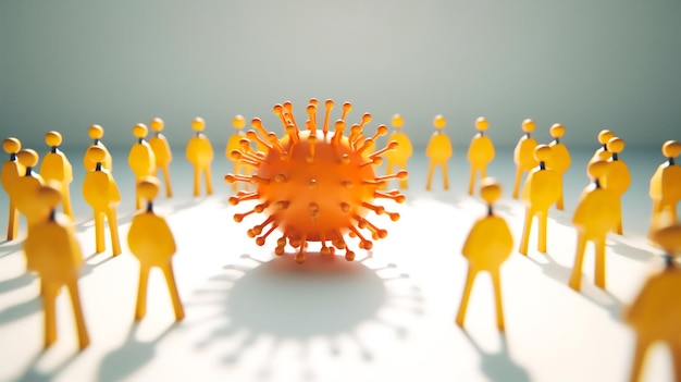 corona virus in center and orange color human symbol dolls stand around with center light glow insid