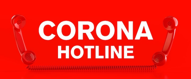 Corona virus hotline with Covid-19 virus and a red telephone