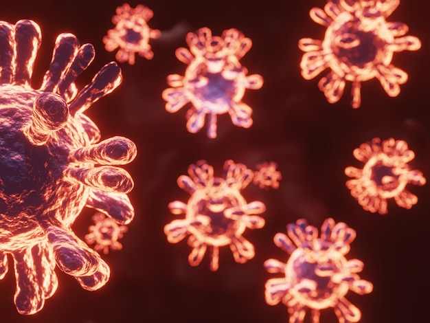 Mutazione del virus corona al microscopio, pandemia di covid 19 dalla cina dal 2019 in tutti i paesi fino al. il virus muta fortemente per espandere l'epidemia e difficile da trattare, tecnica di rendering 3d