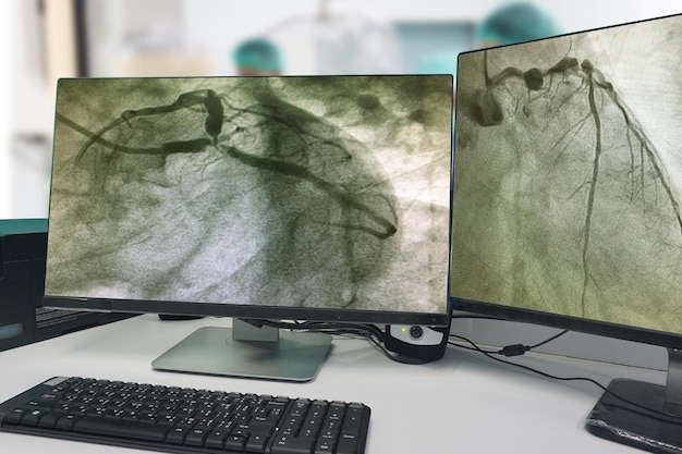Coronair angiogram (CAG) op LCD-morniter en wazig van moderne Cath Lab met arts, verpleegkundige en patiënt in ziekenhuis Cath Lab-achtergrond