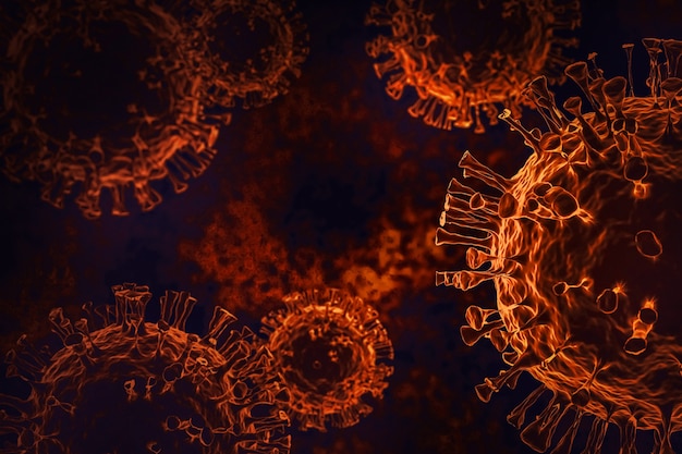 コロナウイルス2019-nCoV3Dレンダリングモデル。感染性ウイルスの顕微鏡写真。
