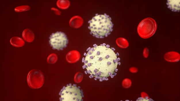 Coronavirus 2019-nCoV Covid-19 en bloedcelachtergrond. Uitbraak en pandemie medische gezondheidsrisico concept. 3D-weergave.