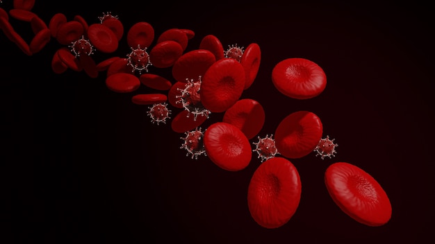 Photo coronavirus 2019-ncov and red blood cells 3d rendering