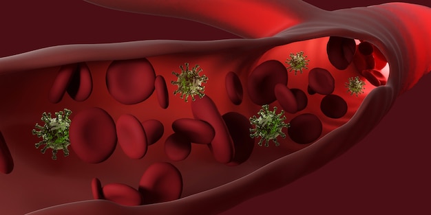 Coronavirus 2019-nCoV and Virus disease cells and red blood cells. COVID-19 Corona virus infection outbraking. 3d render