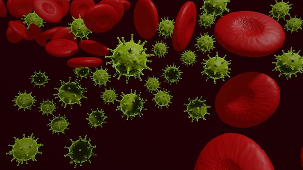 Coronavirus 2019 and red blood cells 3D rendering