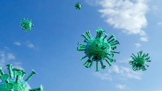 コロナウイルス2019nCovインフルエンザの発生に責任のある新しいコロナウイルスの概念と、パンデミック顕微鏡ウイルスが3Dレンダリングをクローズアップするような危険なインフルエンザ株の症例としてのコロナウイルスインフルエンザ