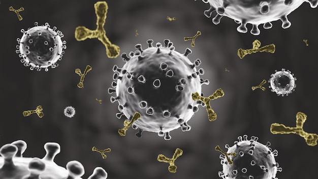 Coronavirus e molecola anticorpale dall'iniezione di vaccino antivirale. sfondo scuro vignetta. vista microscopica della cellula virale. rappresentazione 3d.