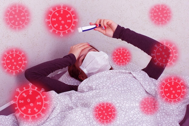 Coronavirus bacterium icon sick girl is lying in bed with thermometer surrounded by viruses