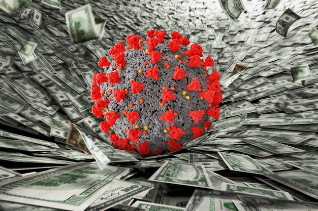 Photo coronavirus cell falling on a lot of dollar notes