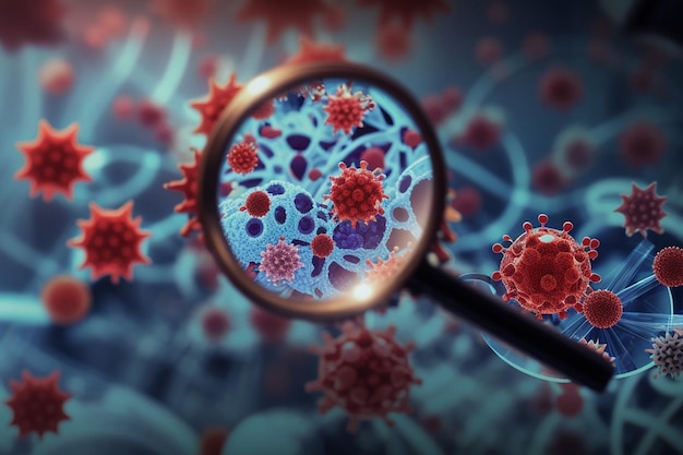 Coronavirus cell look through a magnifying glass background