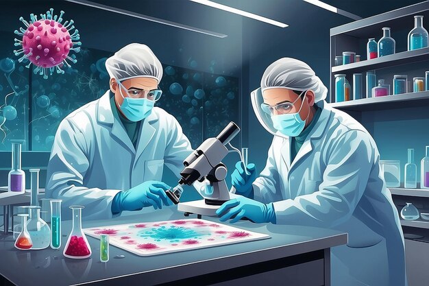 Coronavirus cell and two scientists in the lab illustration