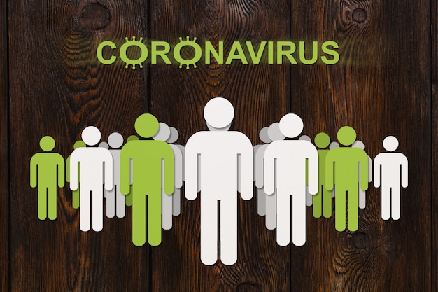 Coronavirus concept. Papier mannen op houten muur