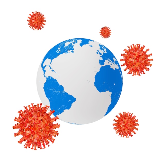 Coronavirus COVID-19-cellen proberen Earth Planet op een witte achtergrond te infecteren. 3D-rendering