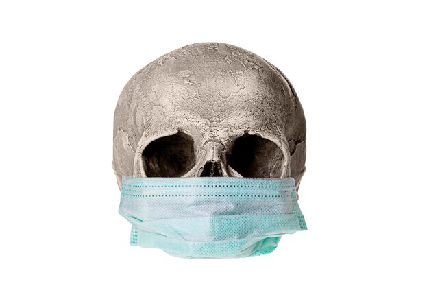 Coronavirus Covid-19 concept. Human skull with medical mask isolated on white background.