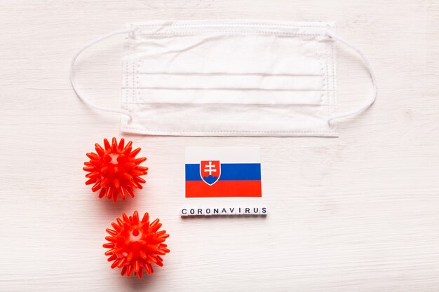 Coronavirus covid-19 concept. Top view protective breathing mask and flag of Slovakia. Novel Chinese Coronavirus outbreak.