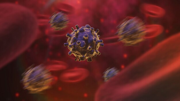 コロナウイルスまたはCOVID-19感染の概念。ウイルス性疾患の流行の血液細胞の背景、3 Dイラストレーション