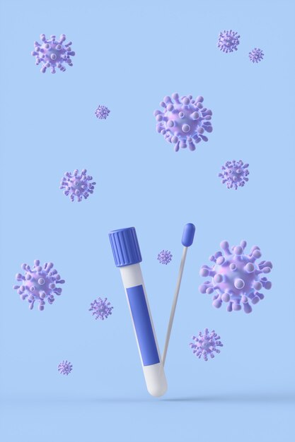 Coronavirus COVID-19 pcr-test geïsoleerd op blauwe achtergrond. Blauwe ampul met een wattenstaafje in de neus. 3D-rendering illustratie.